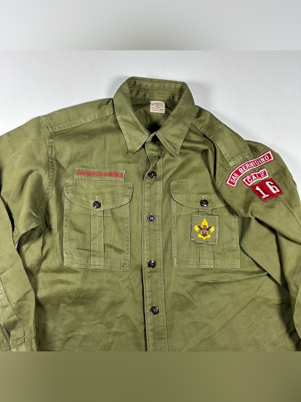 VTG Boy Scouts Shirt Mens L Green Long Sleeve Uniform Shirt Patches California